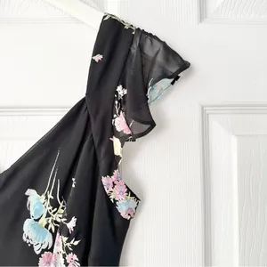 Evan Picone Black Floral 90s V Neck Flutter Sleeve Midi Sun Dress 10P Lined thumbnail 8