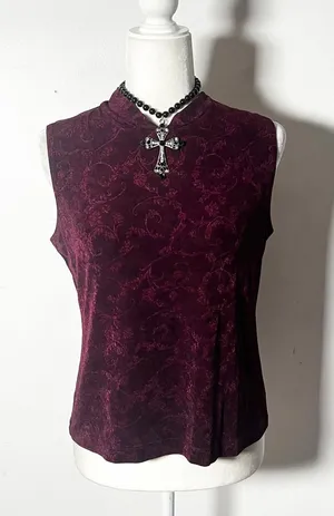 Vtg y2k 2000s Goth Top Medium Burgundy Floral Burnout Whimsigoth Vamp thumbnail 1