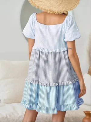 BiBi Cute Pink Pastel Stripe Ruffle Tier Puff Sleeve Babydoll Summer Dress Sz XL thumbnail 15