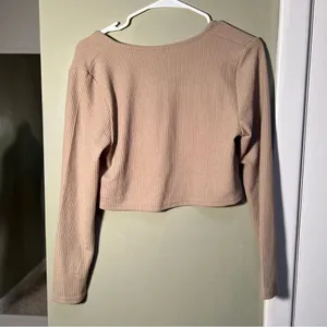 Divided H&M Women's Size Large Cropped Knit Top Cardigan Beige Ribbed Tie Front‎ thumbnail 6