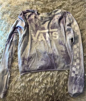 Vans Purple Tie Dye Long Sleeve Crop Top‎ Checkerboard Sleeve Logo Tee thumbnail 1