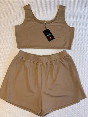 NEW Set! XL Ribbed Scoop Neck Crop Top & Elastic Waist Shorts Set Tan thumbnail 2