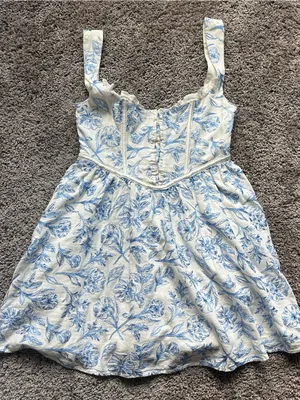 For Love & Lemons White and Blue Maisie Linen Floral Brocade Corset Mini Dress thumbnail 1