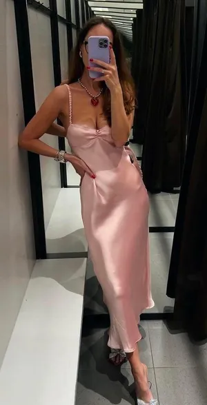 ZARA dress maxi midi Light Pink satin effect wedding party cocktail thumbnail 1