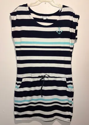 Exist Nautical Striped Drop Waist Anchor Detail Mini Dress Pockets Cap Sleeves L thumbnail 1