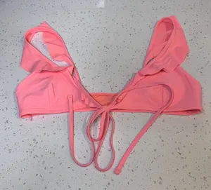Aerie‎ Women Neon Pink Ruffle Scoop Neck Bikini Top Small S Tie Back Swimwear thumbnail 1