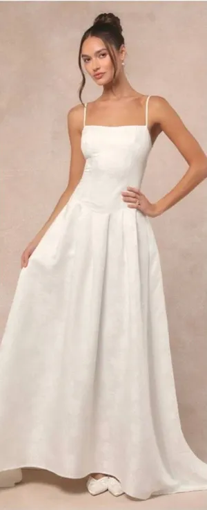 Lulus Arabella White Jacquard Basque Waist Maxi Dress Size Large Bridal Wedding thumbnail 1