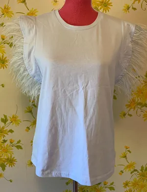 Frenchie Feather Trim cotton tee light blue size M Size M thumbnail 1