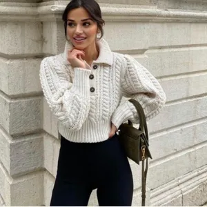 Zara Chunk Knitted Cream Crop Sweater S thumbnail 5