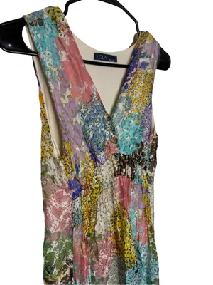 ✨LOLA Italy Silk Blend Floral‎ Patchwork Midi Dress Size M✨ thumbnail 4