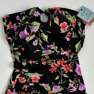 Shade & Shore‎ Womens Floral One Piece Swimsuit Black Multi Keyhole Ruched S 4-6 thumbnail 6