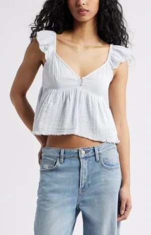 BP Nordstrom Blue Illusion Gauze Babydoll Flutter Sleeve Empire Top XL thumbnail 1