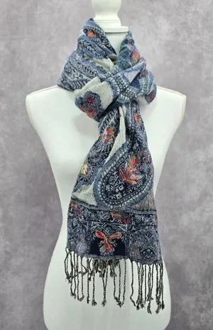 Coldwater Creek Blue‎ Embroidered Pashmina Floral Paisley Wrap Shawl Scarf OS thumbnail 1