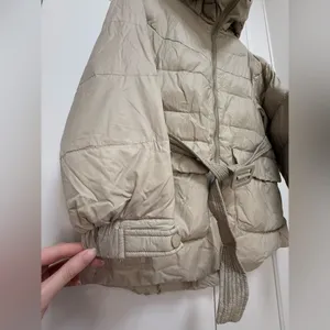 Women’s light brown beige puffer jacket with belt size small thumbnail 9