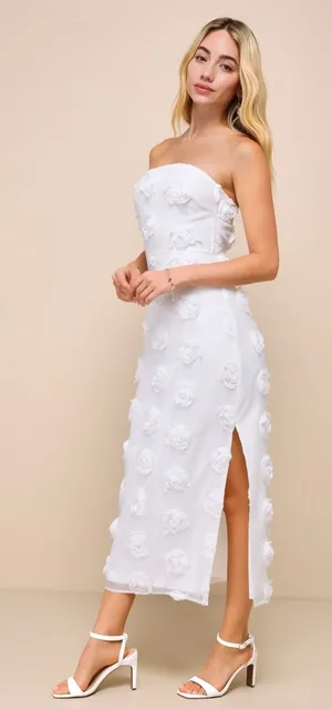 NWOT Lulus Posh Appearance White 3D Floral Applique Strapless Midi Dress L thumbnail 1