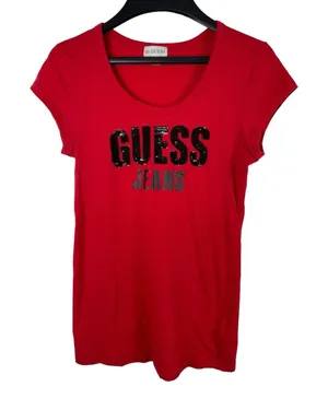 VTG 90s 2000s Y2K Red Cap Sleeve Guess Embellished Beaded Logo Tee Top S thumbnail 1