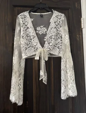 Sheer Lace Tie-Front Cropped Top - Off White thumbnail 1