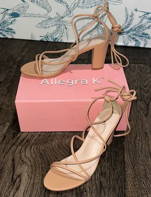 Allegra K Women's Beige Strappy Block Heels thumbnail 1