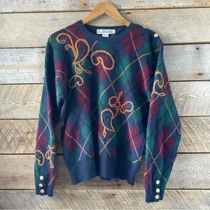 Vtg JH Collectibles Argyle Wool Sweater Gold Buttons Women’s Medium Academia thumbnail 6