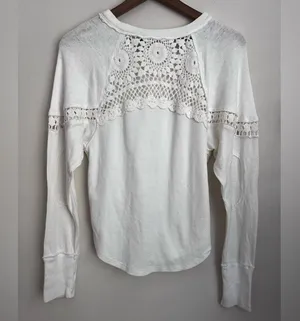 Free People White Luella Textured Thermal Top long sleeve eyelet peasant boho S thumbnail 4