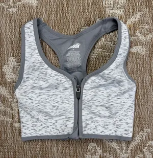 Avia Women's Front-Zip Sports Bra in Gray/White thumbnail 1