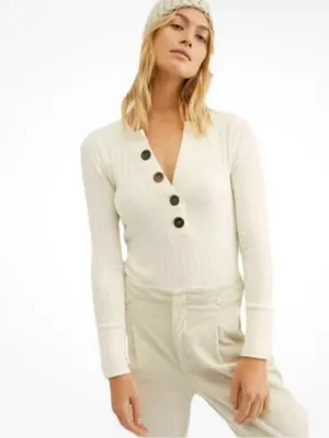 We The Free by free people Cream Ribbed Button-Front Long Sleeve Top thumbnail 2