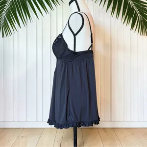 Black Lace Babydoll Lingerie Chemise Ruffle Hem Romantic Sheer Nightie Size M thumbnail 4