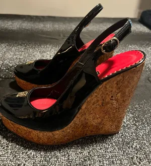 Womens 36 CH Carolina Herrera black slingback high cork platform wedge heel thumbnail 1