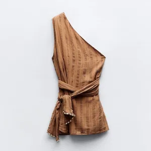 Zara NWT One shoulder striped linen beaded multiway one shoulder wrap top thumbnail 2