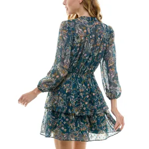 NWT City Studios Juniors Tiered Chiffon Fit & Flare Dress Teal Blue / Rust XL thumbnail 2
