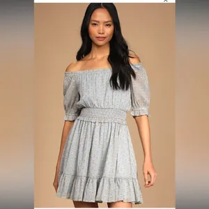 NWT Lulu’s Touch of Glam Dusty‎ Blue Dotted Off-the-Shoulder Mini Dress size L thumbnail 2