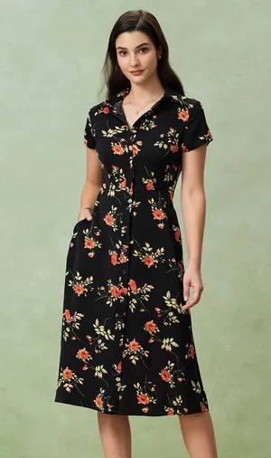 RIHOAS Black Floral Button A-Line Midi Dress M thumbnail 1