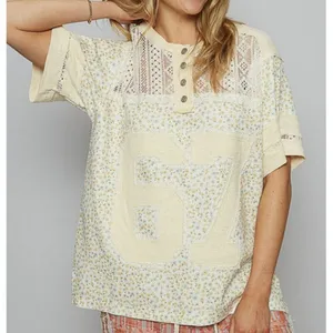 POL Number Floral Crochet Button Detail Half Sleeve Top thumbnail 2