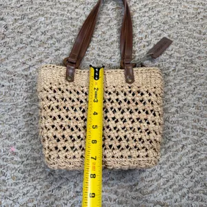 VTG Small Express Woven Straw Tote Bag Beige Leopard Print Lining Crochet Summer thumbnail 3