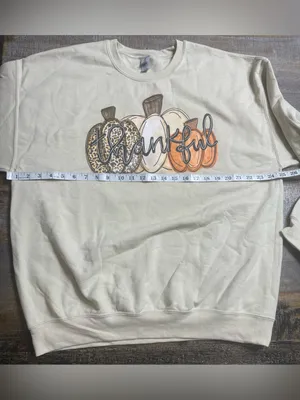 Gildan Cream Crewneck Sweater with Pumpkin 'Thankful' Graphic thumbnail 6