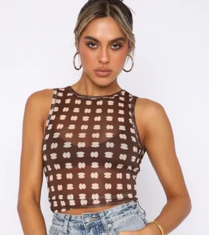 White Fox Boutique Brown and Cream Patterned Cropped Tank thumbnail 1