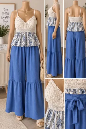 & Other Stories Crochet Lace Bodice Dress with Blue Floral Skirt - Blue and White thumbnail 2