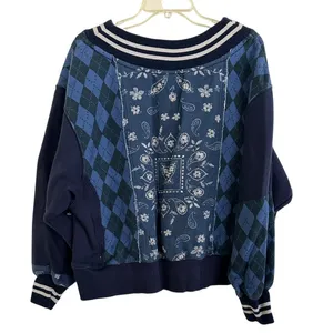 Free People Lucy Sweatshirt navy blue mixedmedia argylebandana print size Small thumbnail 4