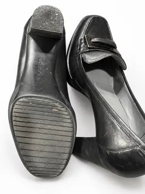 Vintage 90s Calvin Klein Black Leather Square Toe Loafer Pumps Y2K Block Heels thumbnail 9