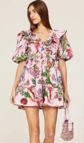 Banjanan Mini Dress Womens XS‎ Pink Toucans Garden Tropical Ruffle Puff Sleeve thumbnail 1