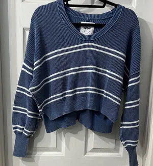 Aerie Blue & White Striped Cropped Knit Sweater Size Medium thumbnail 1