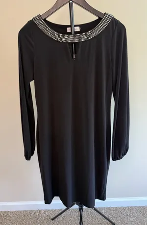 Calvin Klein‎ Black Long Sleeve Dress with Rhinestone Collar and Keyhole Detail thumbnail 1