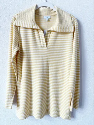 J Jill Split Neck Collared Pullover Striped Sweater Lemoncream Size XS Preppy thumbnail 1