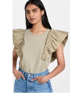 Aviator Nation Nation Ltd Para Boxy Tee Moss Ruffle Small Coquette Romantic Feminine Demure thumbnail 1