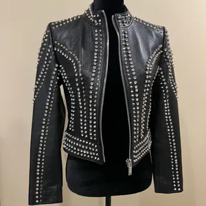 Genuine Leather Studded Crop Jacket Coat Blazer Cardigan Parka Slim Rhinestones thumbnail 2