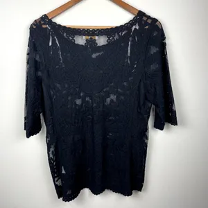 Laundry by Shelli Segal Blouse‎ Large Black Lace Brocade Over Mesh Scalloped Hem thumbnail 12