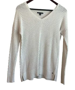 American Eagle Women Tunic Sweater M Ivory Large‎ Loop Open Knit Casual Neutral thumbnail 1