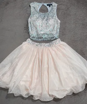 homecoming dress - Baby Pink & Silver Two Piece Sequins Crop Chiffon Style Bottom thumbnail 1