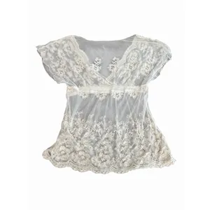 Vintage Y2K Floral Sheer Lace Top Coquette Boho Babydoll Style Romantic #III15-1 thumbnail 5
