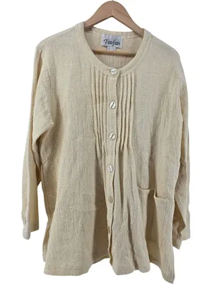 Toofan Cotton Cardigan Women Medium Yellow Pintuck Pleated Textured Button Front thumbnail 1